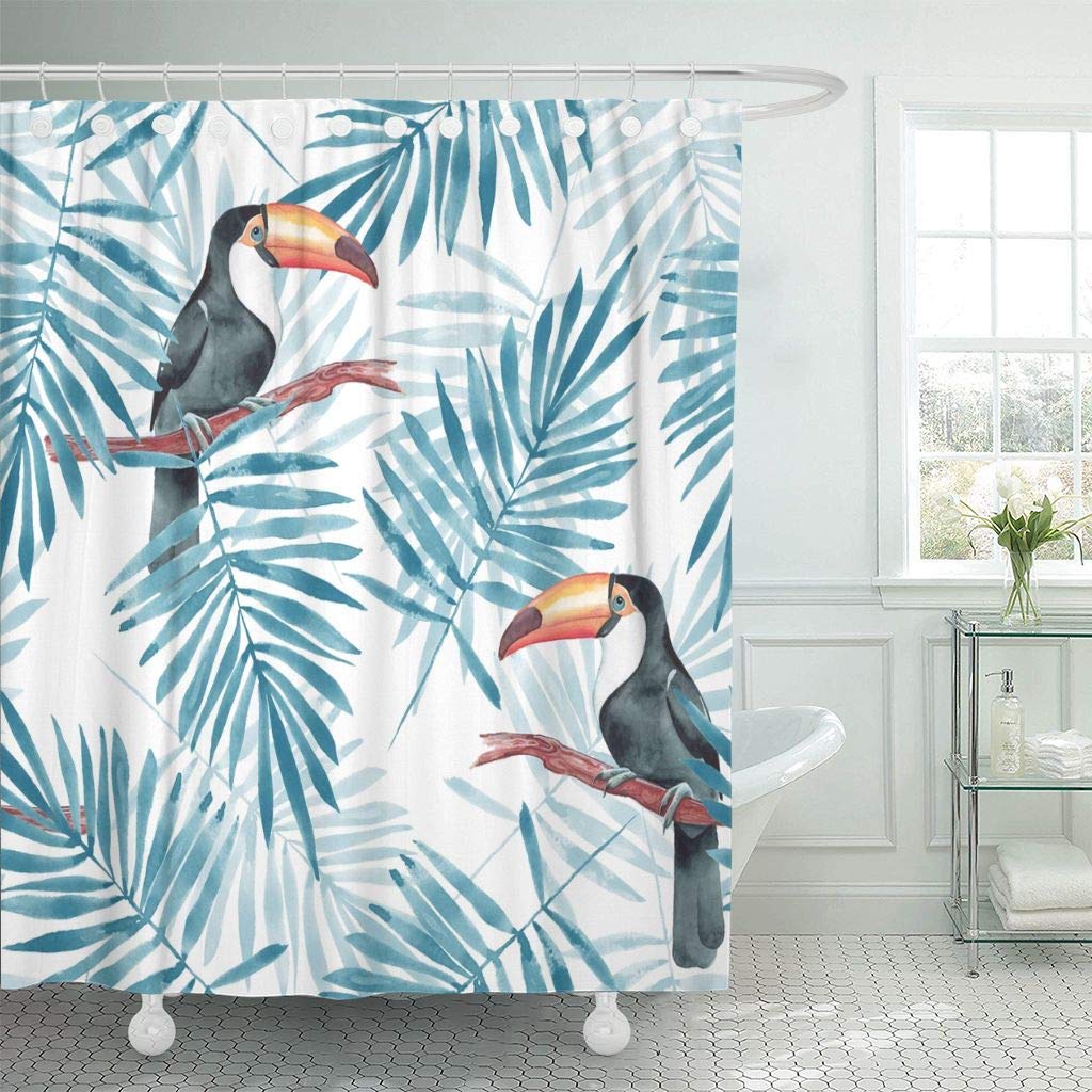 패브릭 샤워 커튼 블루 열대 야자수 잎과 Toucan 수채화 조류 정글 동물 예술 아름다운 장식 욕실/Fabric Shower Curtain Blue Tropical Palm Leaves and Toucan Watercolor Bird Jungle Animal